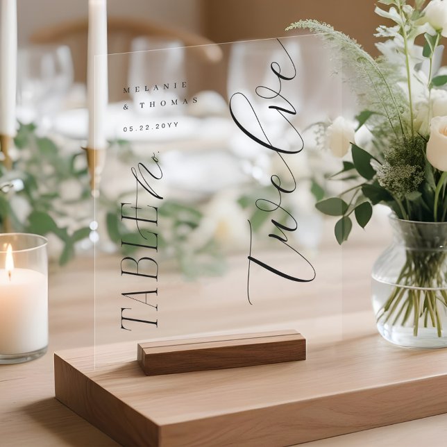 Élégant Mariage moderne Noir Script Numéro de tabl (Elegant Modern Wedding Black Script Table Number Acrylic Sign)