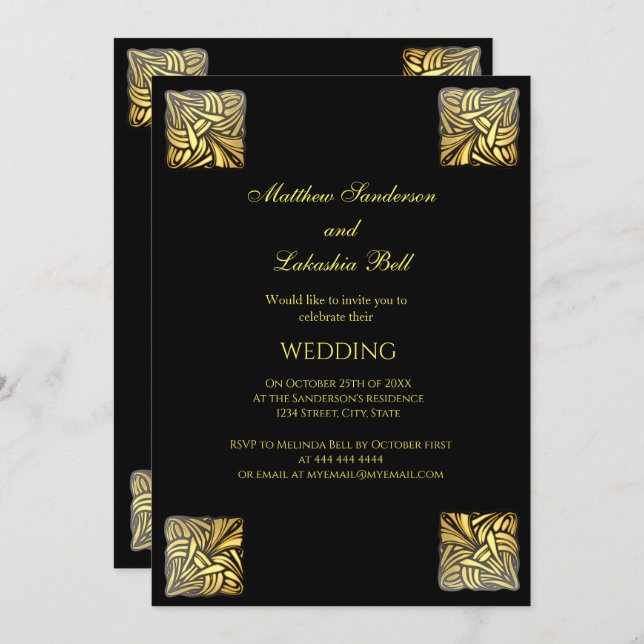 Elégant mariage or noir Invitation (Devant / Derrière)