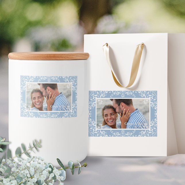 Élégant Mariage photo bleu et blanc Étiquettes cad (blue and white coastal chic wedding favors gift label stickers for bridal party groomsman tags)