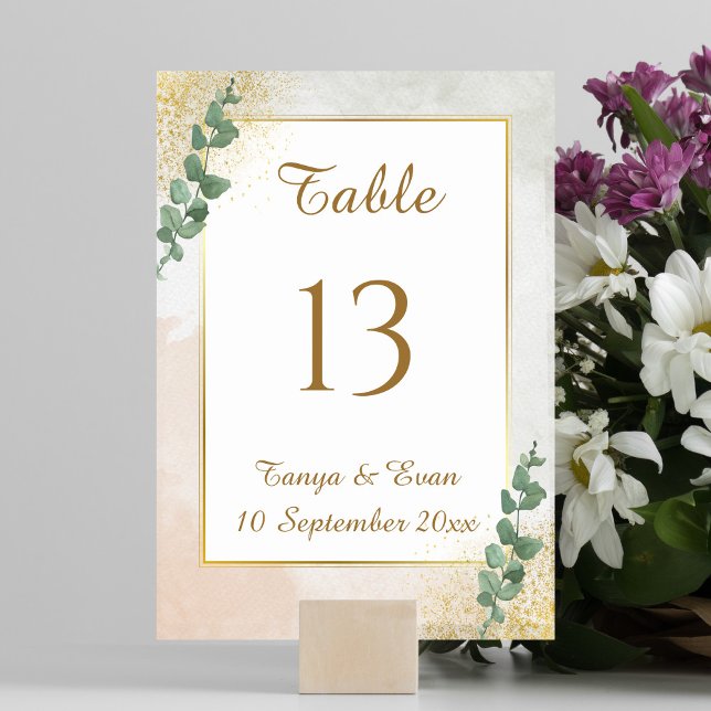 Élégant Mariage photo Vert & Or Numéro de table (Elegant Green & Gold Photo Wedding Table Number (front))
