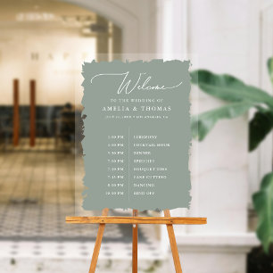 Elégant mariage Sage Green Bienvenue et chronologi