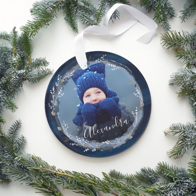 Elégant Marine Aquarelle Encre & Bijoux Photo Wrea (Elegant Navy Watercolor Ink & Jewels Photo Wreath Ornament)
