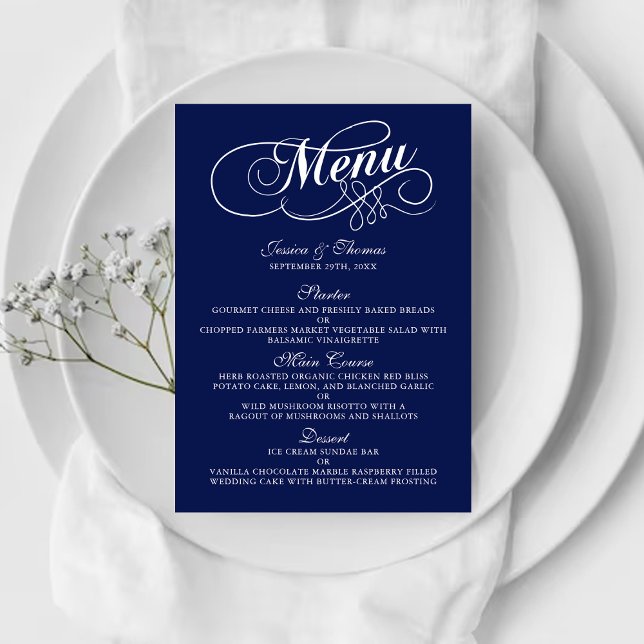 Elégant Marine Bleu Et Blanc Mariage Menu Modèles (Créateur téléchargé)