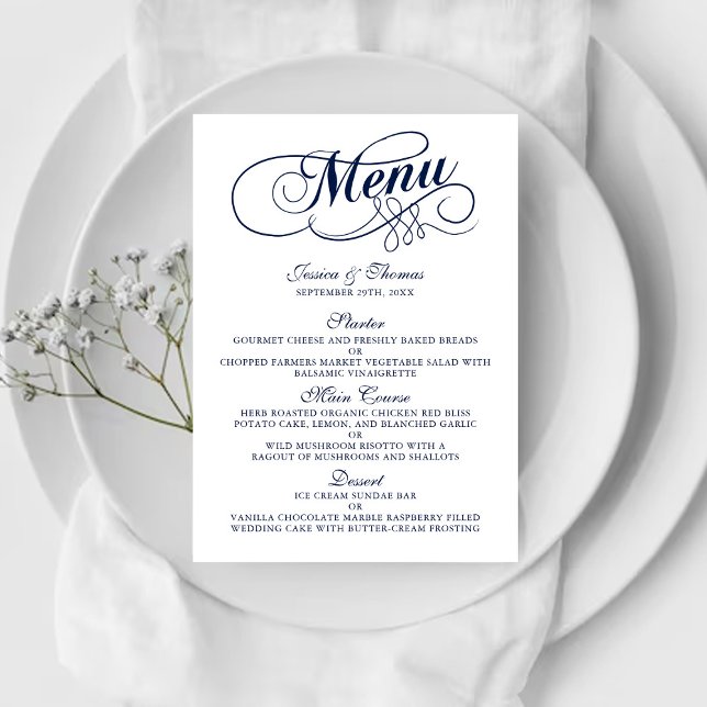 Elégant Marine Bleu Et Blanc Mariage Menu Modèles (Créateur téléchargé)