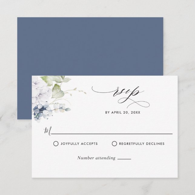 Elégant Marine Bleu Floral et Mariage vert RSVP (Devant / Derrière)