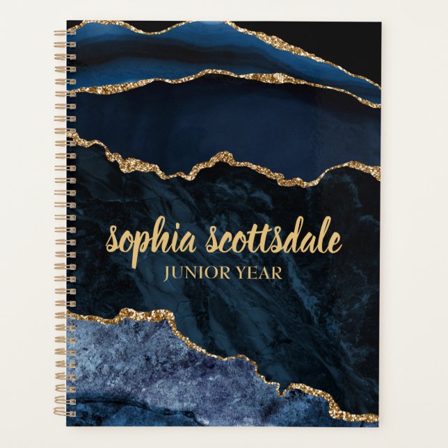 Élégant Marine Bleu Marbre Or Junior Année Planner (Devant)