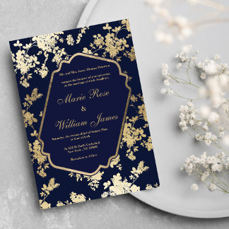 Elégant marine bleu or Faire-part de mariage flora