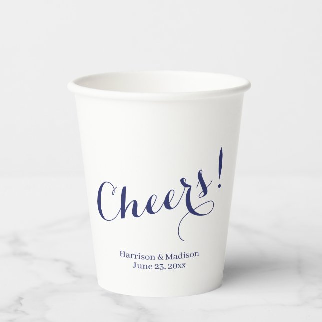 Elegant Marine Blue Cheers Custom Script Hochzeit Pappbecher (Vorderseite)