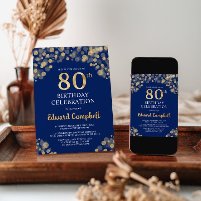 Elégant Marine Blue & Gold Invitation de 80e anniv (Créateur téléchargé)