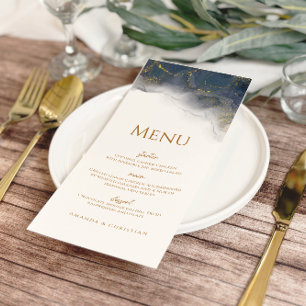 Elegant Marine Blue Gold Marble Mariage Menu