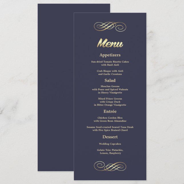Elegant Marine Blue Gold Mariage Cartes de menu (Devant / Derrière)