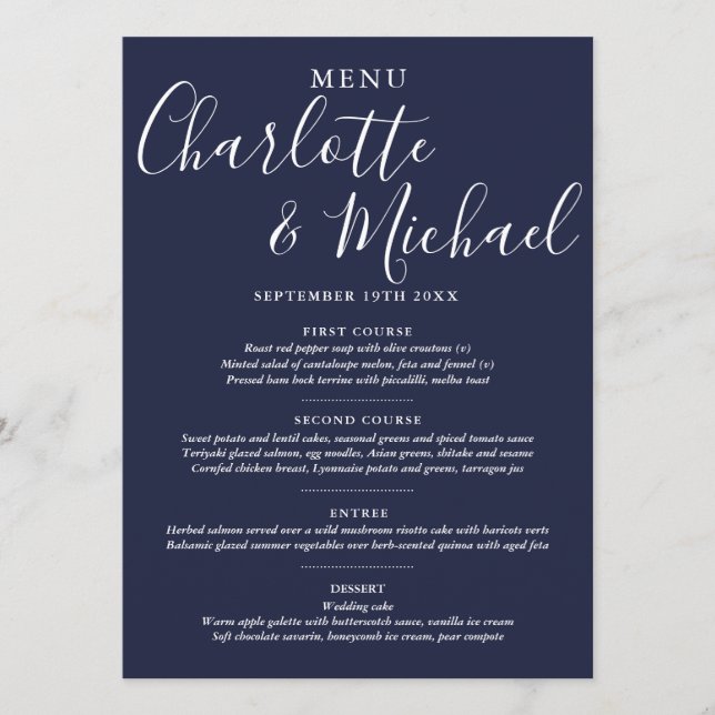 Elegant Marine Blue Signature Script Menu Mariage (Devant)