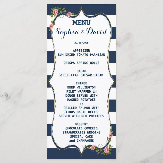 Elégant Marine Blue Stripes Mariage Menu Personnal (Devant)