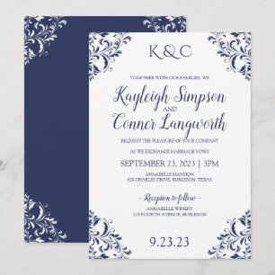Elégant Marine Blue Wedding Invitations   VINTAGE