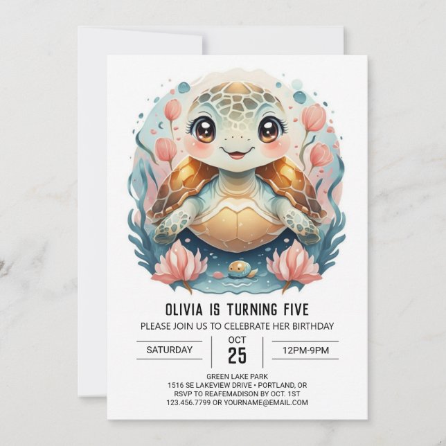 Elegant Marine Turtle Girl Birthday Einladung (Vorderseite)