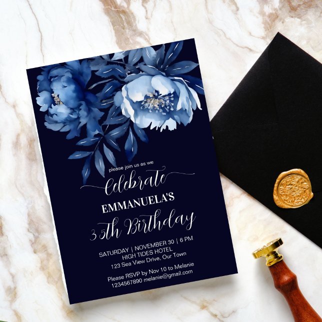 Elegant marineblau Geburtstagsgeschenk Einladung (Elegant navy blue floral birthday party editable template invitation digital download blue peonies)