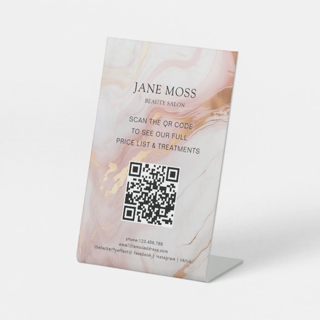 Elegant, Marmor-Rose-Gold, Salon, QR-Code Sockelschild (Vorderseite)