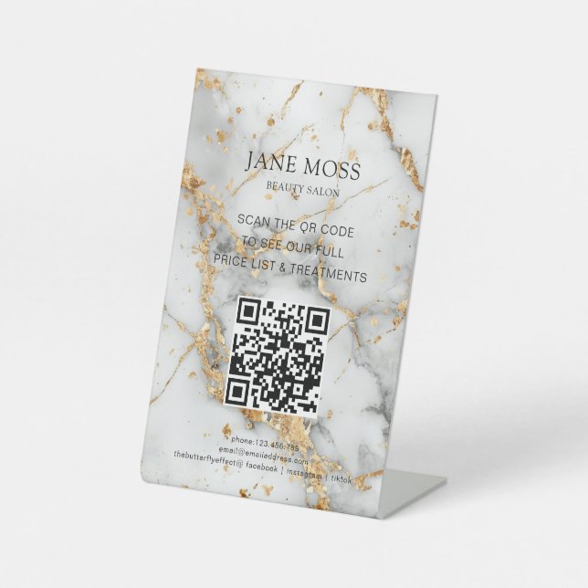 Elegant, Marmor-Weiß-Gold, Salon, QR-Code Sockelschild (Vorderseite)
