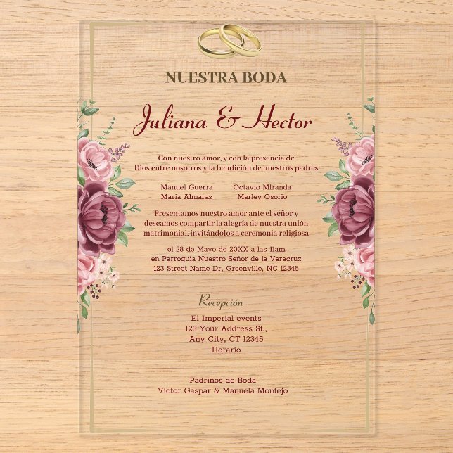 Elegant Maroon and Gold Floral Wedding Acryleinladungen (Vorderseite)
