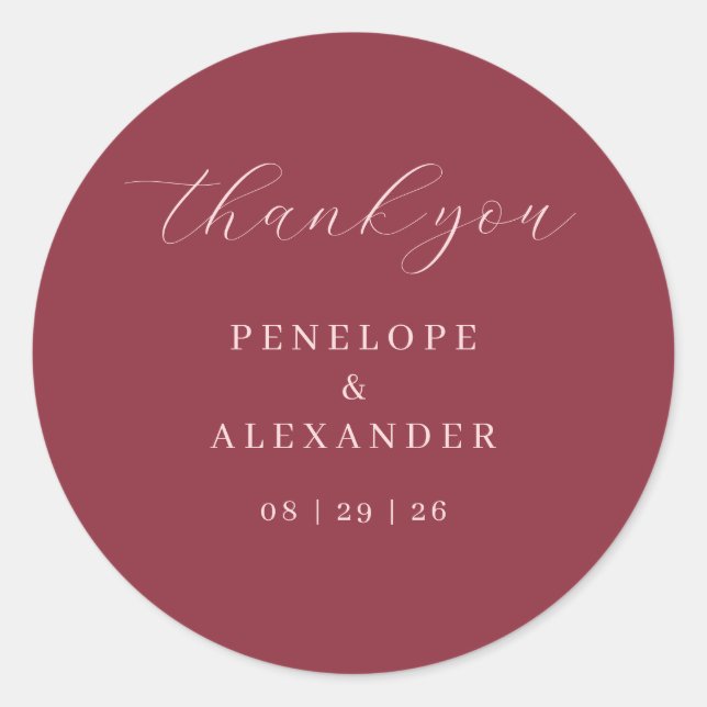 Elegant Maroon Calligraphy Thank You Runder Aufkleber (Vorderseite)