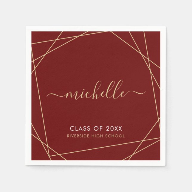 Elegant Maroon Gold Abschluss Name Geometric Serviette (Vorderseite)