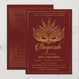 Elegant Maroon Gold Glitzer Masquerade Quinceañera Einladung
