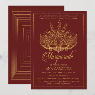 Elegant Maroon Gold Glitzer Masquerade Quinceañera Einladung