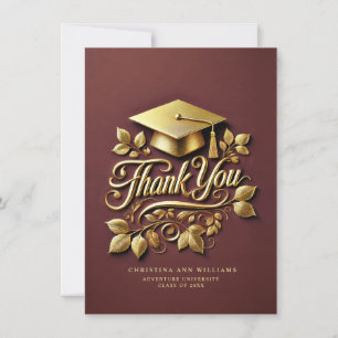 Elegant Maroon Gold Grad Cap Leaf Abschluss Dankeskarte