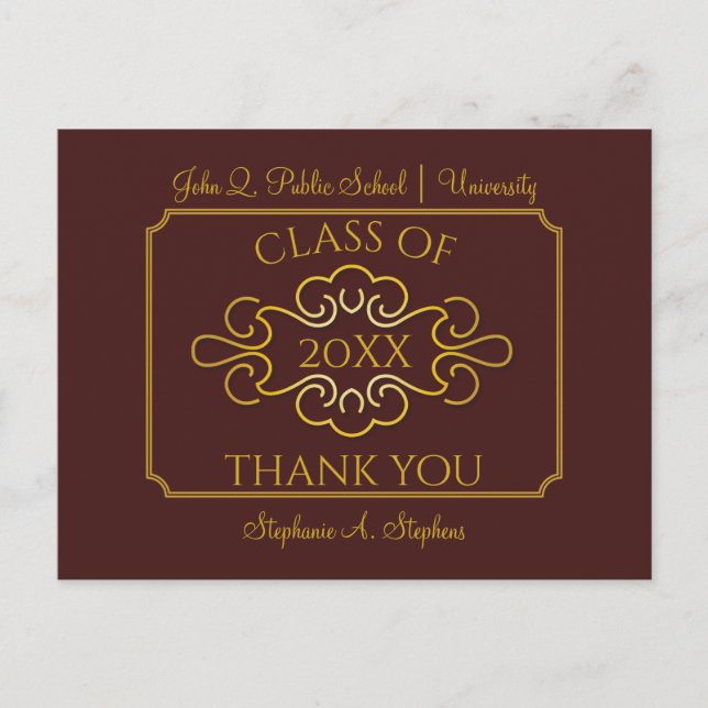 Elegant Maroon | Gold Uni-Abschluss Vielen Dank Postkarte (Vorderseite)