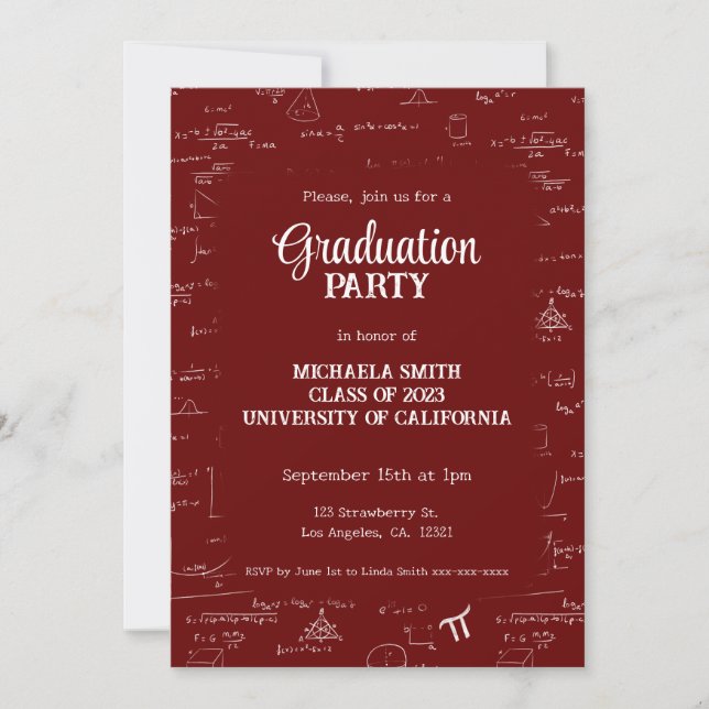 Elegant Maroon Hand-Lettering Math Graduation Einladung (Vorderseite)
