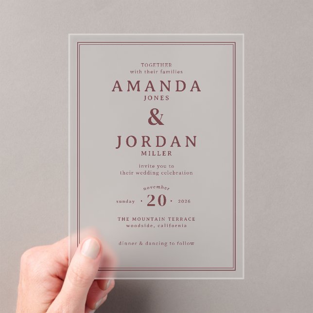Elegant Maroon Minimalist Wedding Invitation Acryleinladungen (Insitu (Handheld))