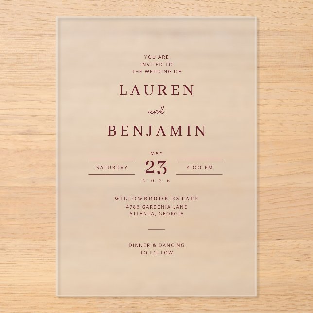 Elegant Maroon Minimalist Wedding Invitation Acryleinladungen (Vorderseite)