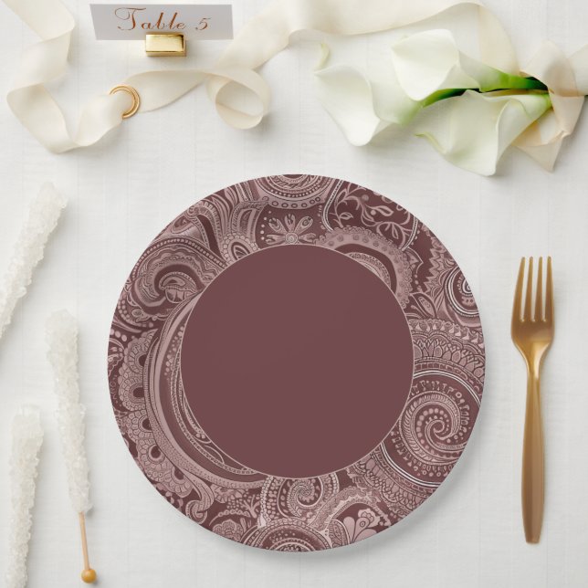 Elegant Maroon Paisley Border Pappteller (Hochzeit)
