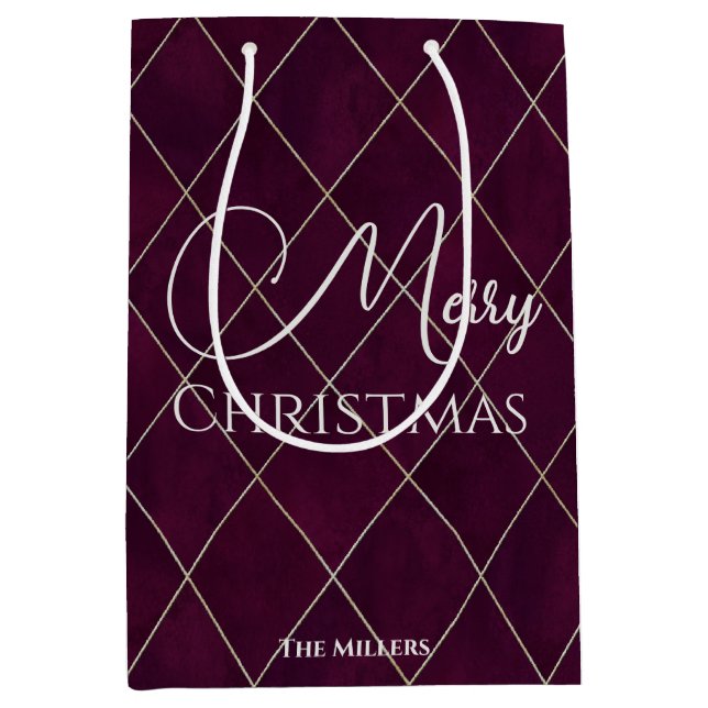 Elegant Maroon Raute Pattern Frohe Weihnachten Mittlere Geschenktüte (Vorderseite)
