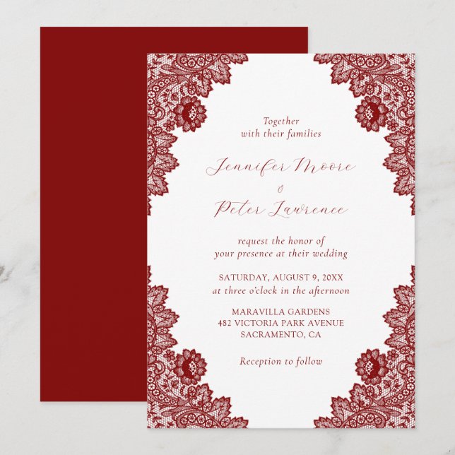 Elegant Maroon Red Lace Wedding Einladung (Vorne/Hinten)