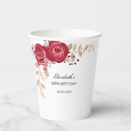 Elegant Maroon Rose Blumengrün Geburtstag Pappbecher