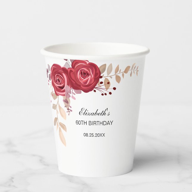 Elegant Maroon Rose Blumengrün Geburtstag Pappbecher (Vorderseite)
