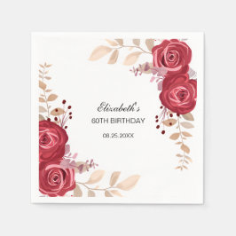 Elegant Maroon Rose Blumengrün Geburtstag Serviette