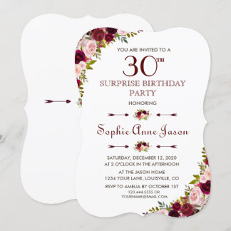 Elegant Marsala Floral Burgundy Herbst 30. Geburts Einladung