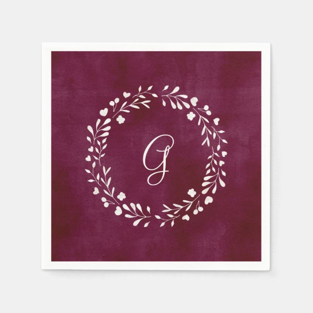 Elegant Marsala | Monogramm mit Wreath Serviette (Vorderseite)