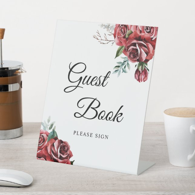 Elegant Marsala Red Rose Rustic  Guest Book Sign Sockelschild (In SItu)