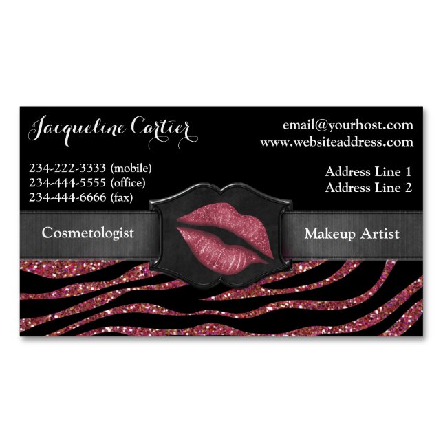 Elegant Marsala Zebra Glitzer Kiss Kosmetologin Magnetische Visitenkarte (Vorderseite)