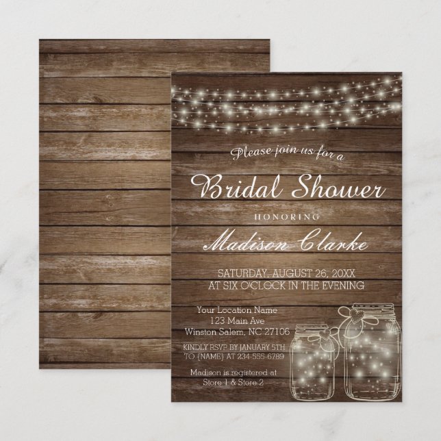 Elegant Mason Jar Rustic Wood Brautparty Card Einladung (Vorne/Hinten)