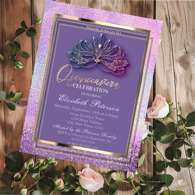 Elegant Masque Diamonds Holographic Quinceañera Einladung (Von Creator hochgeladen)