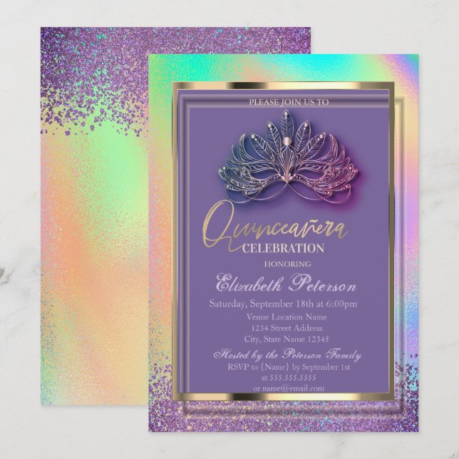 Elegant Masque Diamonds Rainbow Holographic Einladung (Vorne/Hinten)