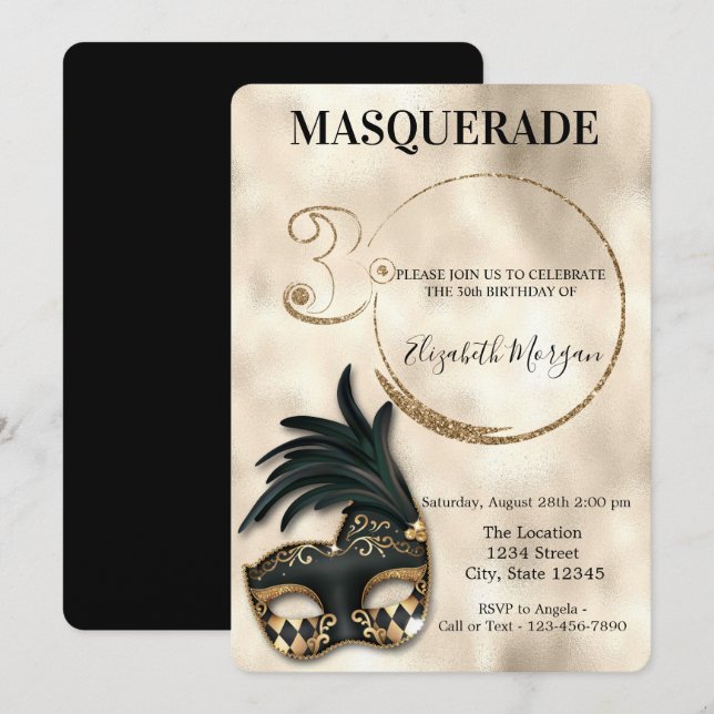 Elegant Masquerade Gold 30. Geburtstag Einladung (Vorne/Hinten)