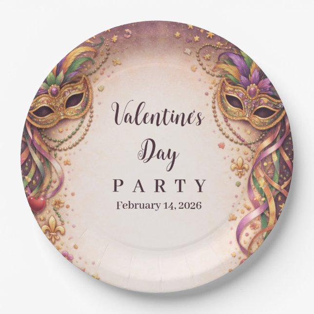 Elegant Masquerade Hearts Mardi Gras Pappteller (Vorderseite)