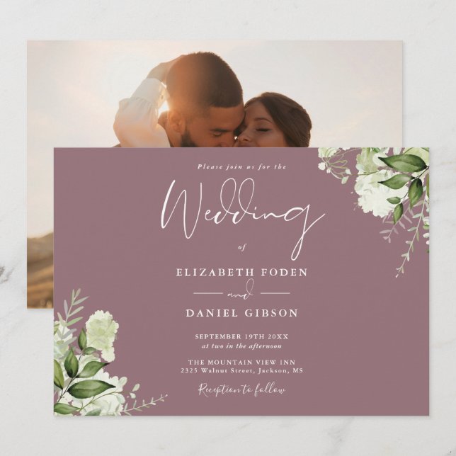 Elegant Mauve Blumengrün Foto Hochzeit Einladung (Vorne/Hinten)