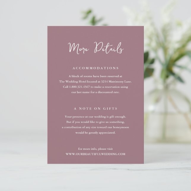 Elegant Mauve Clean Wedding Begleitkarte (Stehend Vorderseite)