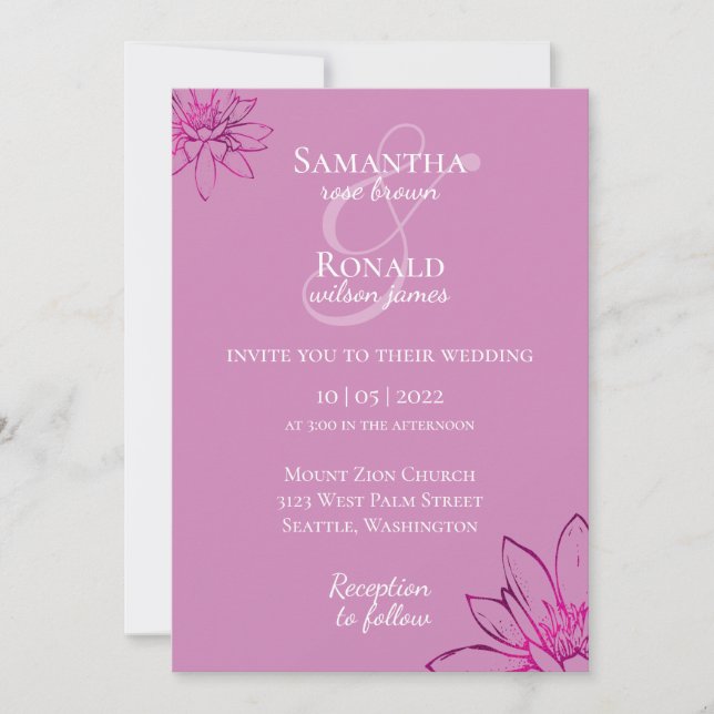 Elégant mauve florale & faire-part de mariage fusc (Devant)